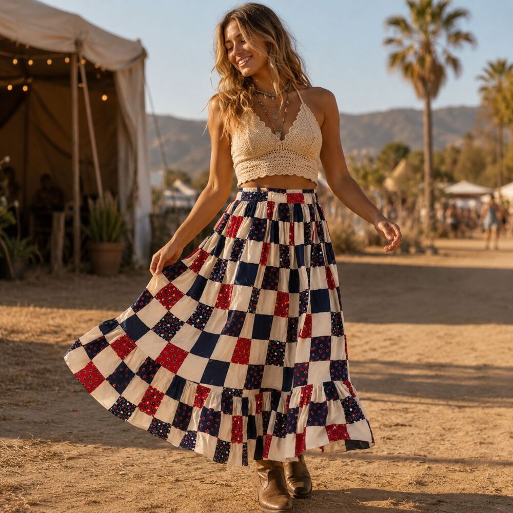 Vintage Cottagecore Prairie Feminine Festival Patchwork Maxi Skirt